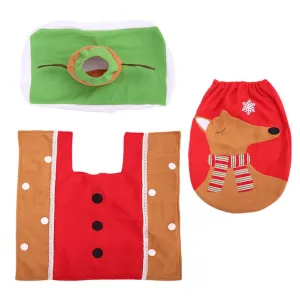 3pcs Christmas Elk Toilet Cover Non Slip Mat Pad Bathroom Set Decoration